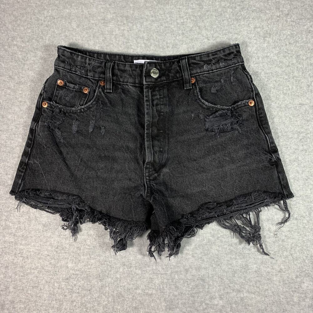 Zara Button Fly Cutoff Denim Shorts Women's Sz 2 Black High Waisted Distressed